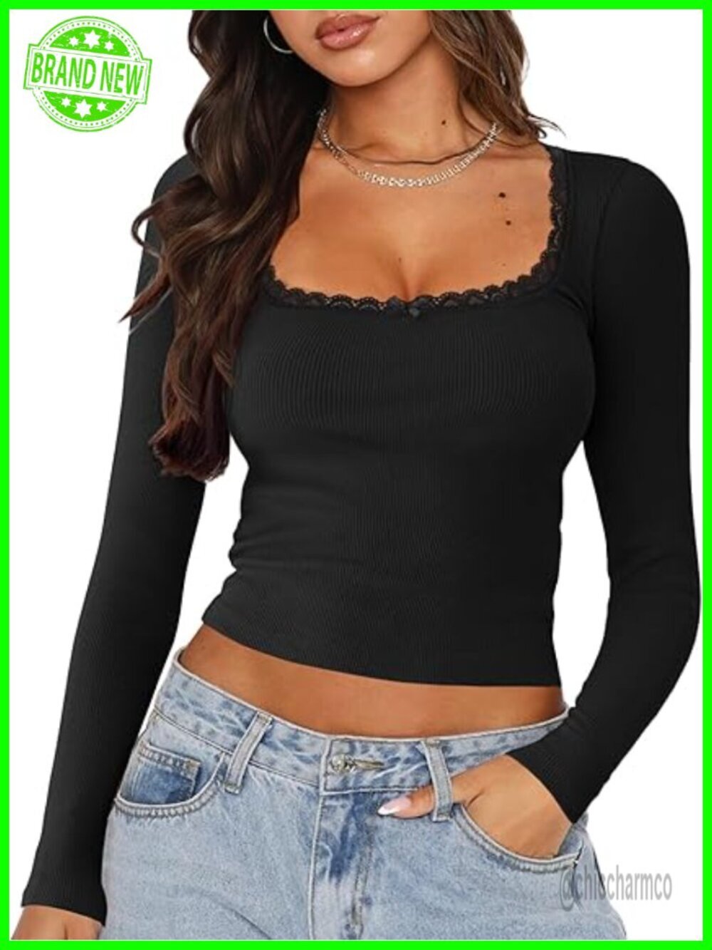 Long Sleeve Crop Top Square Neck Ribbed Knit Lace Patchwork Bow Knot Going Out